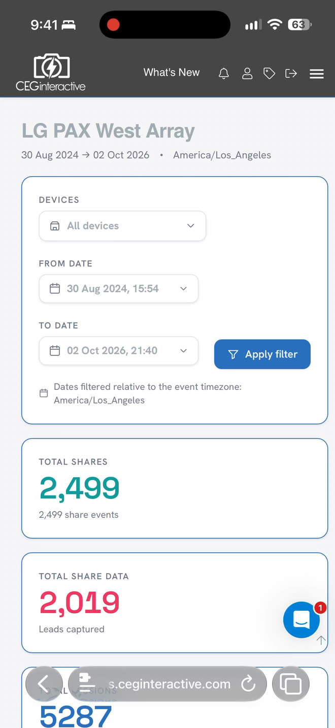 An event analytics report on a phone: total shares, leads captured, sessions, views, shares by channel, share distribution, reach and impressions
